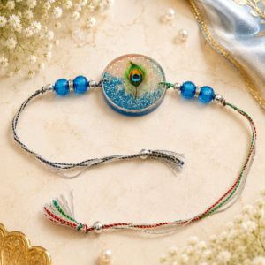 Madhav Morpankh Rakhi | Peacock Feather Rakhi | Circular | Blue, Yellow and Green | Classical Rakhi