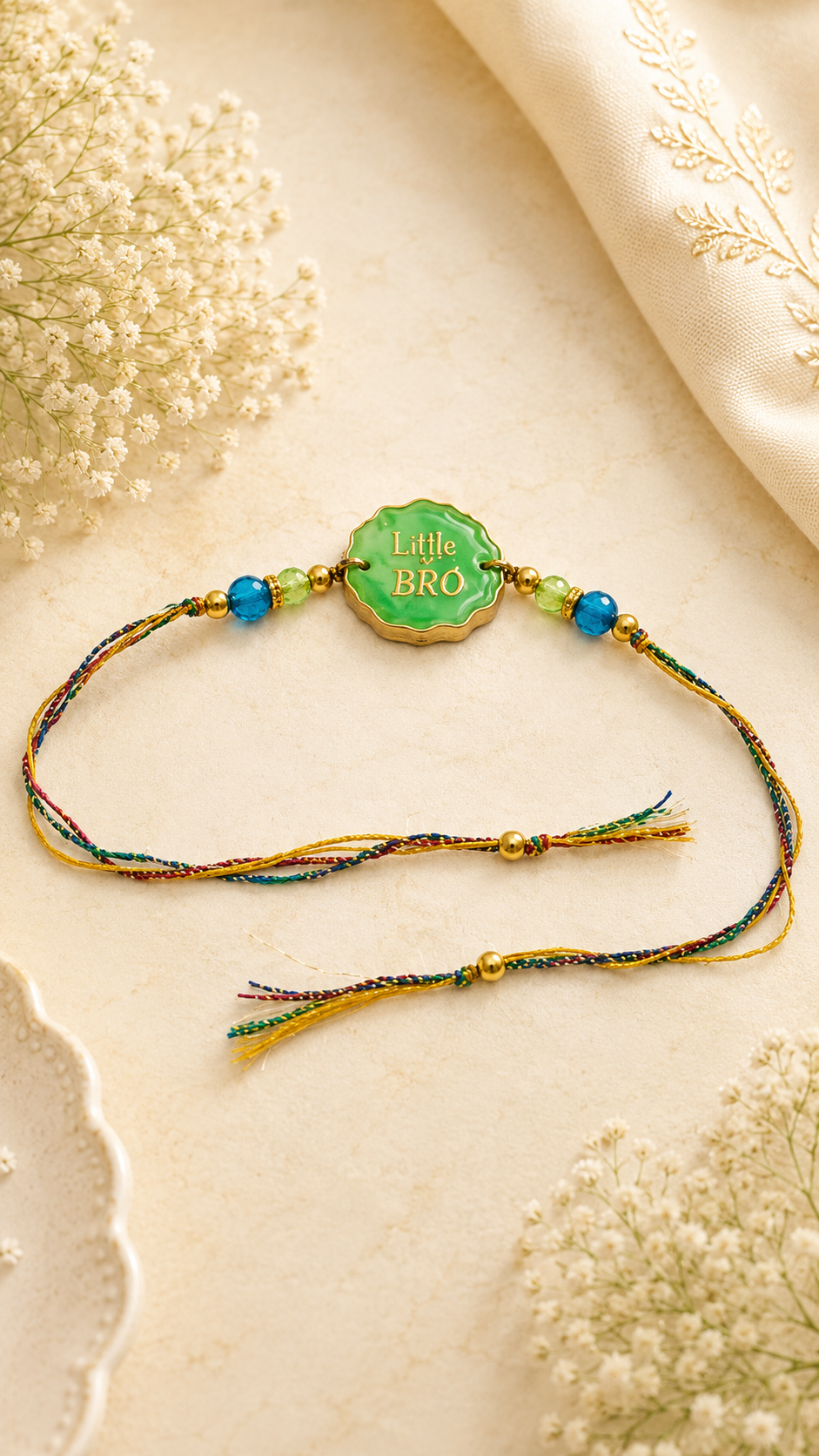 Little Bro Rakhi | Ganesh Rakhi | Circular | Green, Yellow and Blue | Convertible Rakhi