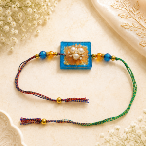 Blue Square Pearl Rakhi | Square | Blue and Yellow | Classical Rakhi